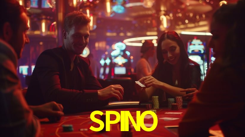 Escena dinámica inspirada en casino con iluminación SPINO, cartas, fichas e íconos de juegos digitales en un espacio moderno de juegos.